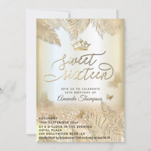 Gold tropical leaves glitter butterfly tiara invitation