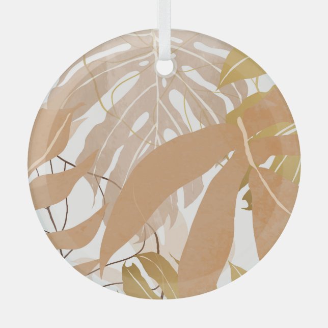 Gold Tropical Leaves: Luxurious Background. Glass Ornament (Front)