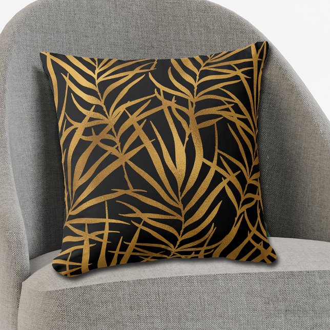 Gold Tropical Leaves on Black Throw Pillow (Creator Uploaded)