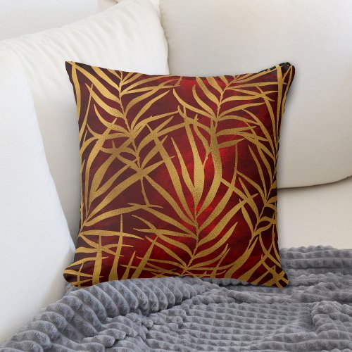 Gold Tropical Leaves on Burgundy Red Throw Pillow