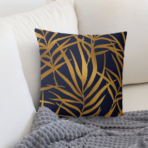 Gold Tropical Leaves on Navy Blue Throw Pillow