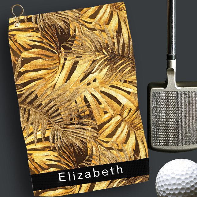 Gold Tropical Leaves Personalized Golf Towel (Creator Uploaded)