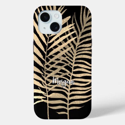 Gold Tropical Leaves White Script Name on Black iPhone 15 Case