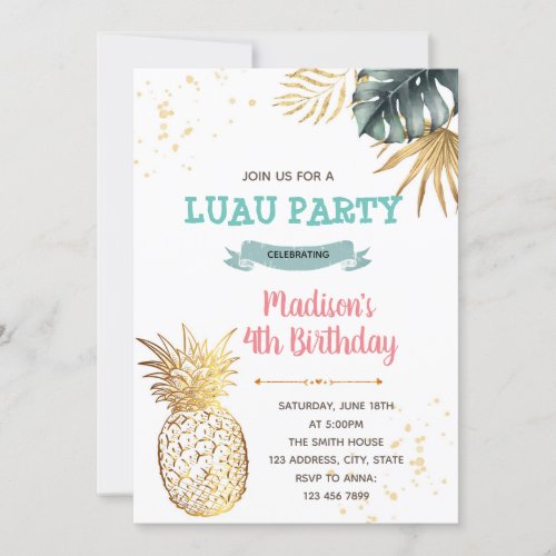 Gold tropical luau birthday theme invitation