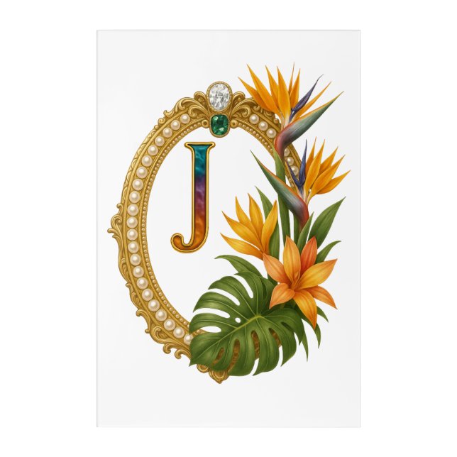 Gold Tropical Monogram Letter J Luxury Acrylic Print (Front)