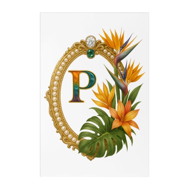 Gold Tropical Monogram Letter P Luxury Acrylic Print (Front)