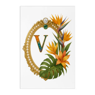 Gold Tropical Monogram Letter V Luxury Acrylic Print