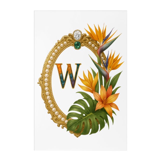 Gold Tropical Monogram Letter W Luxury Acrylic Print (Front)