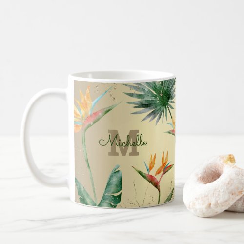 Gold Tropical Palm Foliage Floral Monogram Script Coffee Mug