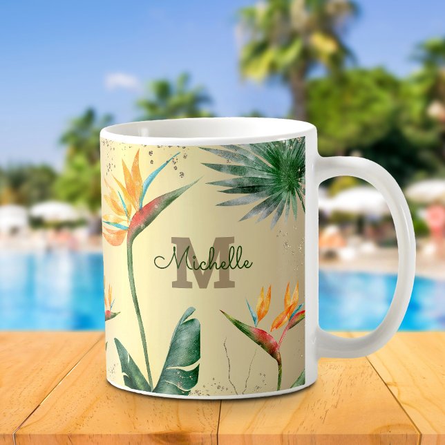 Gold Tropical Palm Foliage Floral Monogram Script Coffee Mug (Creator Uploaded)