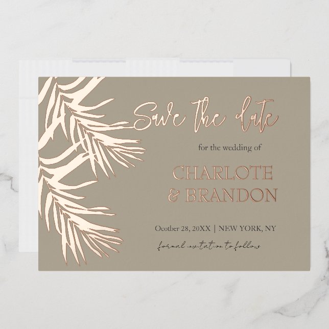Gold Tropical Palm Leaf Wedding Save The Date     Foil Invitation (Envelope)