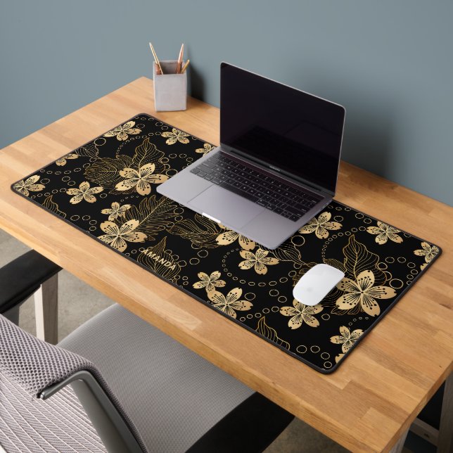 Gold tropical palm leaves and glowers on black desk mat (Office 2)