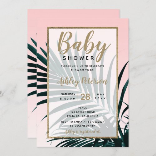 Gold tropical palm tree leaf baby shower invitation