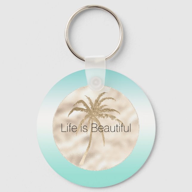 Gold Tropical Palm Tree Mint Aqua Ombre            Keychain (Front)