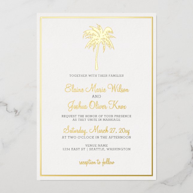 Gold Tropical Palm Tree Wedding Invitations (Front)