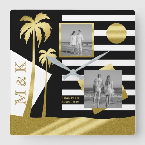 Gold Tropical Palm Trees Beach Instagram Photos Square Wall Clock