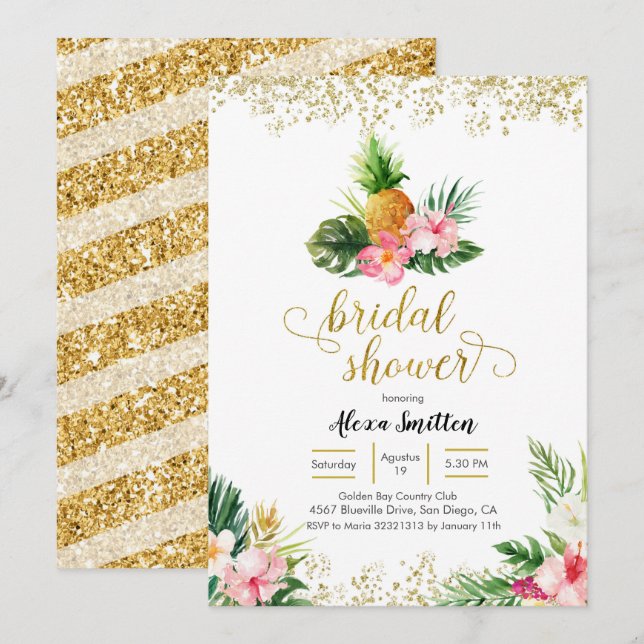 Gold Tropical Pineapple Bridal Shower Invitation (Front/Back)