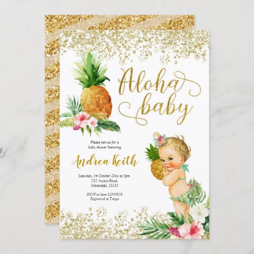 Gold Tropical Pineapple Girl Blonde Baby Shower In Invitation