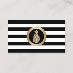 Gold Tropical Pineapple Modern Black White Stripes Business Card