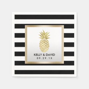 Gold Tropical Pineapple Modern Stripes Wedding Napkins