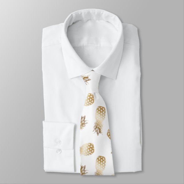 Gold Tropical Pineapple Pattern Aloha Tie (Tied)