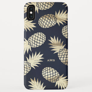 Gold Tropical Pineapples Pattern Blue Monogram iPhone XS Max Case