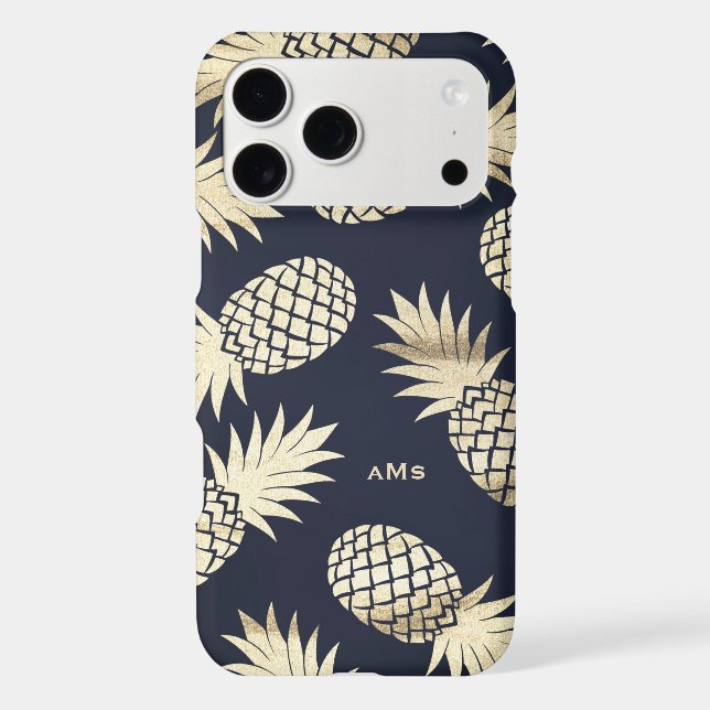 Gold Tropical Pineapples Pattern Blue Monogram Iphone Case (Back)