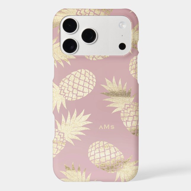 Gold Tropical Pineapples Pattern Pink Monogram Iphone Case (Back)