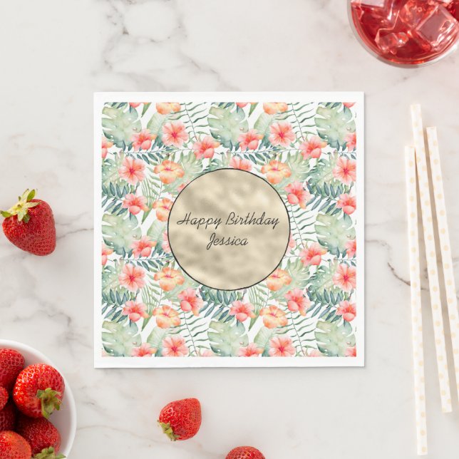 Gold Tropical Pink Peach Hibiscus Floral      Napkins (Insitu)