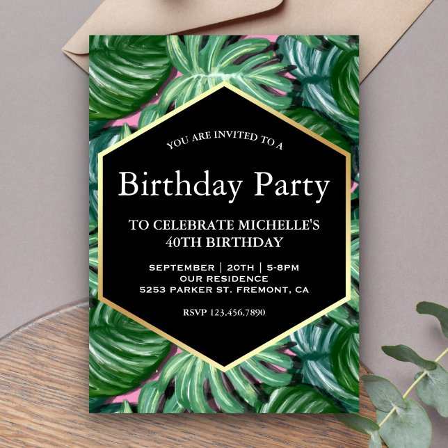 Gold Tropical Watercolor Leaves Birthday Party Invitation (Creator Uploaded)