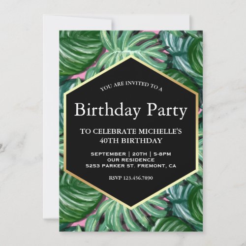 Gold Tropical Watercolor Leaves Birthday Party Invitation