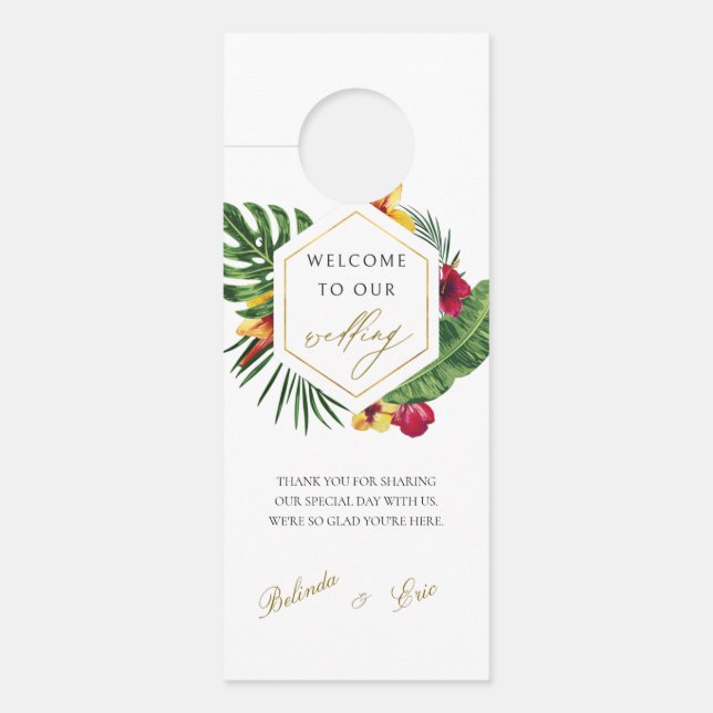 Gold Tropical Wedding Door Hanger (Front)