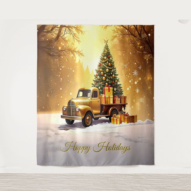 Gold Truck Christmas Tree Holiday Backdrop (Front)