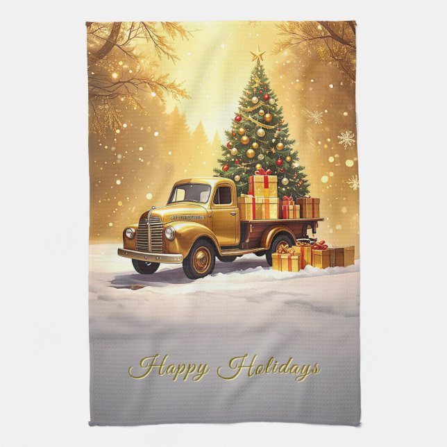 Gold Truck Christmas Tree Holiday Kitchen Towel (Vertical)