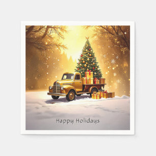 Gold Truck Christmas Tree Holiday Napkin