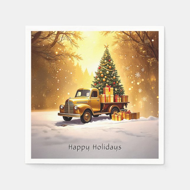 Gold Truck Christmas Tree Holiday Napkin (Front)