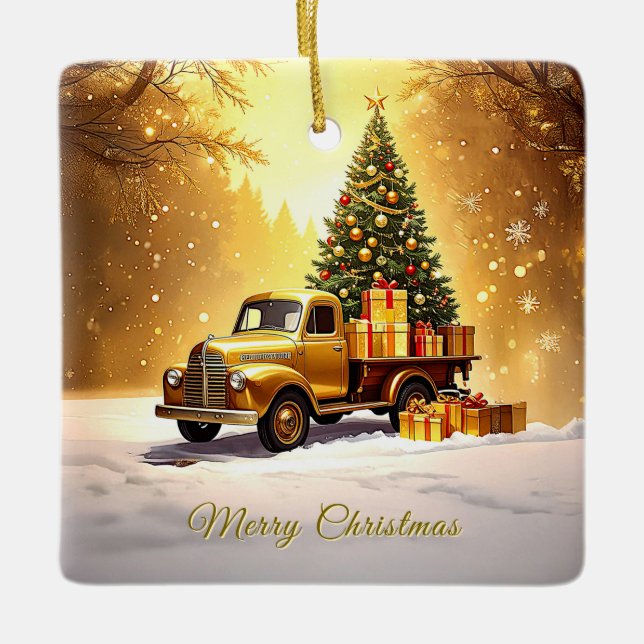 Gold Truck Christmas Tree Holiday Ornament (Front)