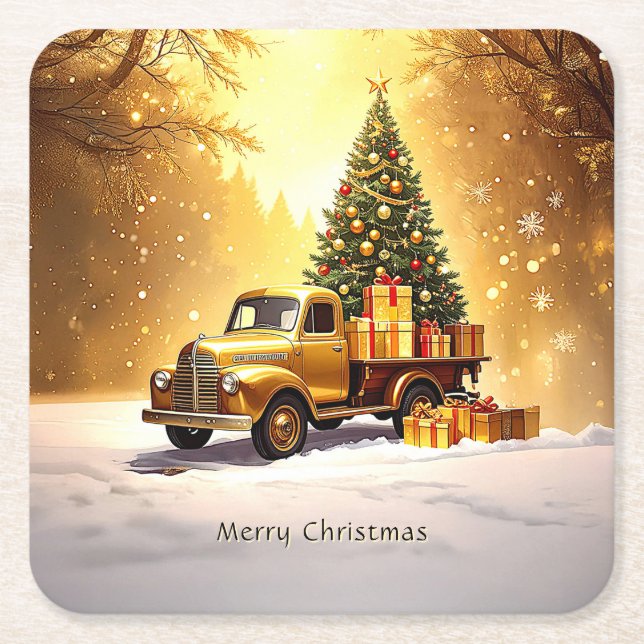 Gold Truck Christmas Tree Holiday Paper Coaster (Front)