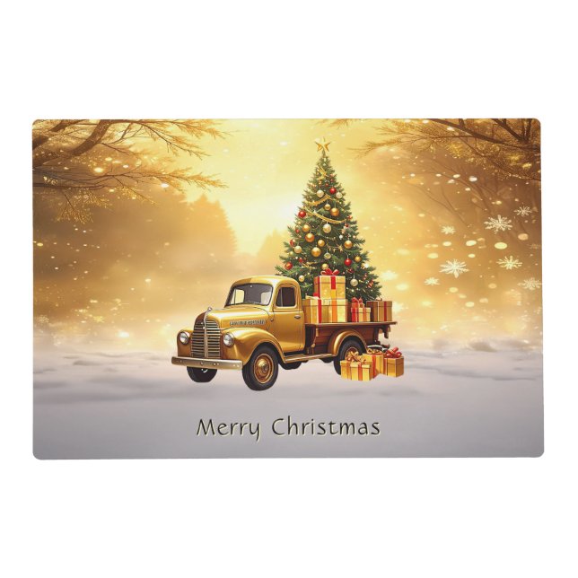Gold Truck Christmas Tree Holiday Paper Placemat (Front)