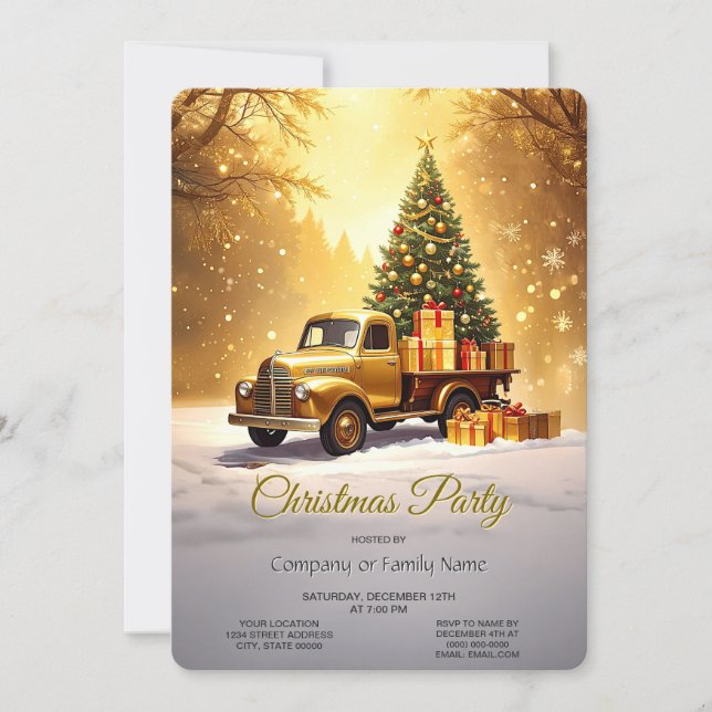 Gold Truck Christmas Tree Holiday Party Invitation (Front)