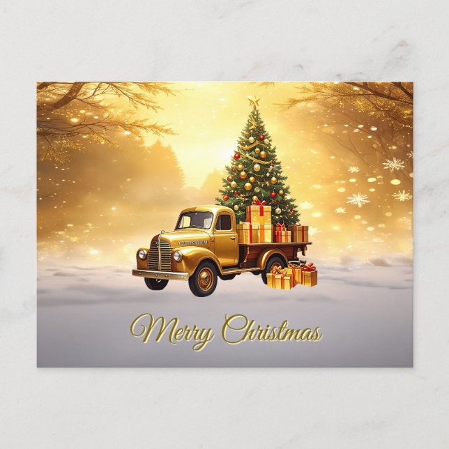Gold Truck Christmas Tree Holiday Postcard (Front)