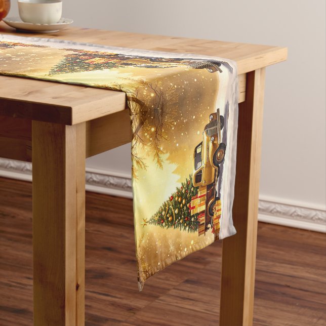 Gold Truck Christmas Tree Holiday Table Runner (In Situ)