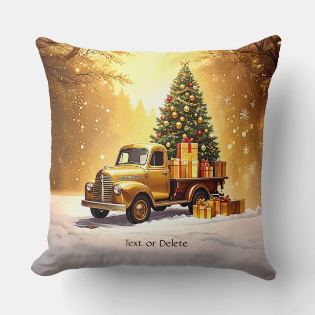 Gold Truck Christmas Tree Holiday Throw Pillow (Front)
