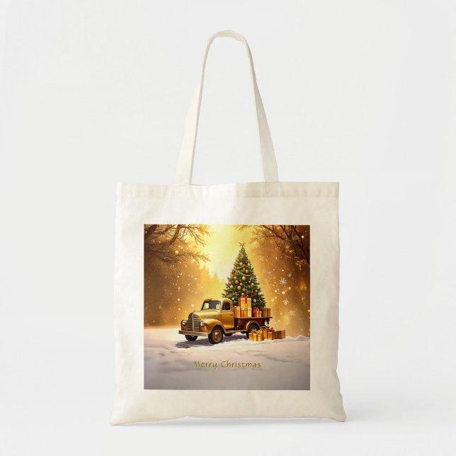 Gold Truck Christmas Tree Holiday Tote Bag (Front)