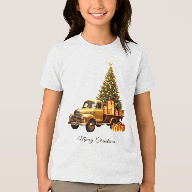 Gold Truck Christmas Tree Holiday Tri-Blend Shirt (Front)