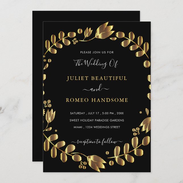 Gold Tulip Black Wedding Invitation Card (Front/Back)