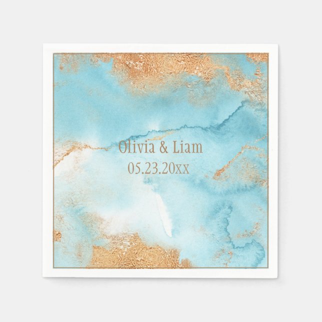 Gold Turquoise Abstract Name Modern Wedding Napkins (Front)