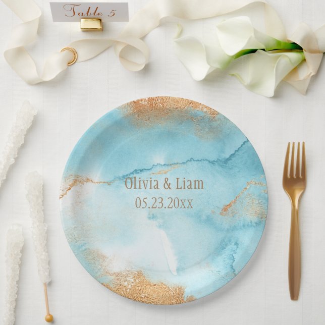 Gold Turquoise Abstract Name Modern Wedding Paper Plates (Wedding)