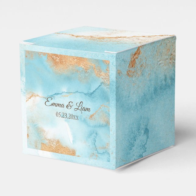 Gold Turquoise Abstract Name Script Modern Wedding Favor Boxes (Front Side)