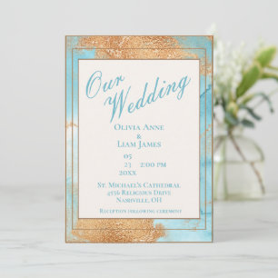 Gold Turquoise Abstract Script Wedding Invitation
